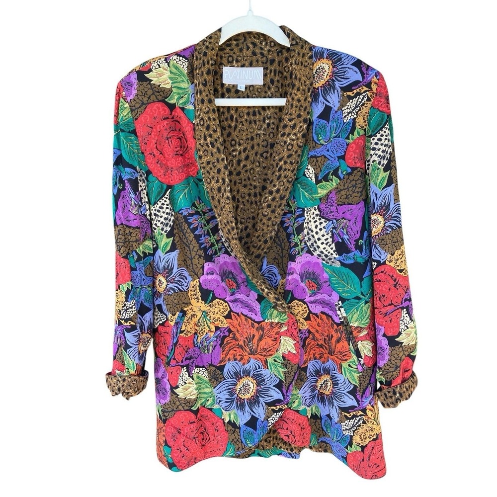 Vtg Platinum Dorothy Schoelen 90s Rayon Jacket L Floral Leopard Art To Wear USA